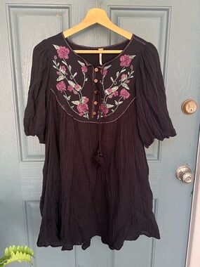 Free People Rosa Linda Black Embroidered Tunic Mini Dress with Tassel Detail